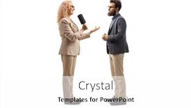  Presentation with female - Presentation design with female-reporter-interviewing-a-man background and a white colored foreground