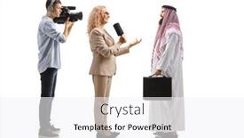  Presentation with female - Slide set consisting of female-reporter-interviewing-a-saudi background and a white colored foreground