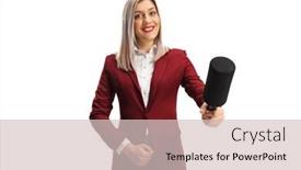  Presentation with microphone - Slide set having female-reporter-with-a-microphone background and a soft green colored foreground