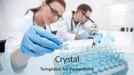  Presentation with investigations - PPT theme with female researcher and her senior background and a light blue colored foreground