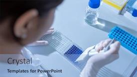  Presentation with chemistry - PPT theme consisting of female-researcher-carrying-out-research background and a light blue colored foreground