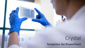  Presentation with chemistry - Presentation design enhanced with female-researcher-carrying-out-research background and a light blue colored foreground