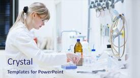  Presentation with chemistry - Cool new presentation theme with female researcher carrying out research experiments in a chemistry lab color toned image backdrop and a sky blue colored foreground