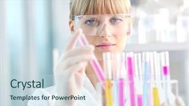  Presentation with lab test - Cool new slide deck with female researcher holding up a test tube in lab backdrop and a sky blue colored foreground
