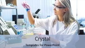  Presentation with basketball female blue - PPT theme featuring industry enviornment - female researcher look at retort background and a light blue colored foreground