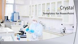  Presentation with workplace - Audience pleasing PPT theme consisting of female researcher standing by workplace backdrop and a white colored foreground