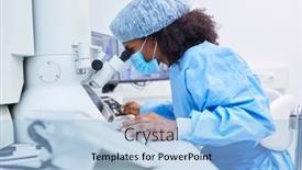  Presentation with covid vaccine - Slides having female-researcher-works-on-microscope background and a light blue colored foreground