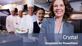  Presentation with restaurant - PPT layouts featuring female restaurant manager standing background and a ocean colored foreground