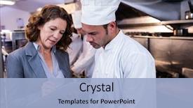  Presentation with restaurant kitchen - Presentation with female restaurant manager writing background and a light blue colored foreground