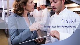  Presentation with restaurant kitchen - PPT theme featuring female restaurant manager writing background and a sky blue colored foreground