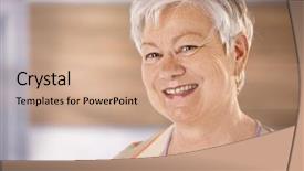  Presentation with happy retirement - Beautiful PPT theme featuring female retirement - closeup portrait of happy senior backdrop and a coral colored foreground