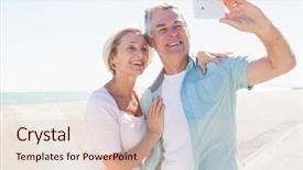  Presentation with senior couple - Presentation theme enhanced with female retirement - happy senior couple posing background and a lemonade colored foreground