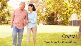  Presentation with senior asian - Presentation theme enhanced with female retirement - senior asian couple walking background and a yellow colored foreground