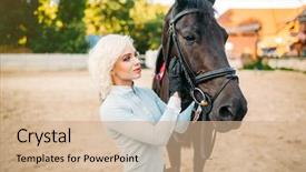  Presentation with horse riding - Presentation theme with female rider hugs her horse background and a  colored foreground