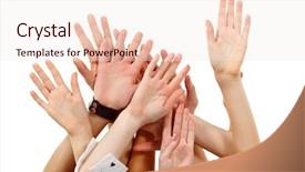  Presentation with focus group - Beautiful presentation theme featuring female rights - hands up group people isolated backdrop and a sky blue colored foreground