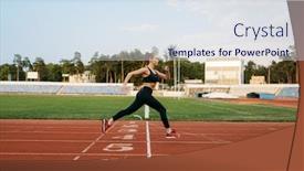  Presentation with finish line - PPT theme having female runner crosses finish line on stadium background and a sky blue colored foreground
