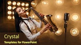  Presentation with stage - Slide deck consisting of female-saxophonist-plays-the-saxophone background and a tawny brown colored foreground