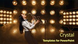  Presentation with stage - Presentation theme having female-saxophonist-plays-the-saxophone background and a tawny brown colored foreground