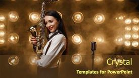  Presentation with stage - Amazing PPT layouts having female-saxophonist-poses-with-saxophone backdrop and a tawny brown colored foreground