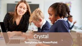  Presentation with school desk - Beautiful PPT theme featuring female school teacher sitting backdrop and a coral colored foreground