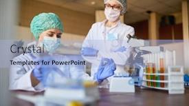  Presentation with corona virus - Slide set featuring female-scientict-making-research background and a light blue colored foreground