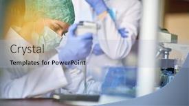  Presentation with corona virus - PPT layouts with female-scientict-making-research background and a light blue colored foreground