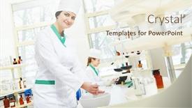  Presentation with drug pharmacy - Beautiful PPT theme featuring female-scientific-pharmacy-worker-preparing backdrop and a cream colored foreground
