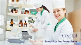  Presentation with drug pharmacy - Colorful PPT theme enhanced with female-scientific-pharmacy-worker-preparing backdrop and a sky blue colored foreground