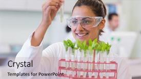  Presentation with young plant - Audience pleasing presentation design consisting of female scientist analyzing young plant backdrop and a  colored foreground