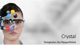  Presentation with portrait of excited overjoyed female - Cool new presentation theme with female scientist holding molecular model backdrop and a light gray colored foreground