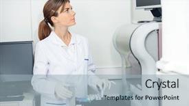  Presentation with lab analyzer - Beautiful presentation design featuring female scientist loading coagulation analyzer backdrop and a light blue colored foreground
