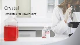  Presentation with microscope - Slide deck with female-scientist-looking-in-microscope background and a light gray colored foreground