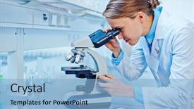  Presentation with microscope - Amazing slides having female scientist looking backdrop and a light blue colored foreground