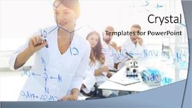  Presentation with female - Beautiful presentation design featuring female scientist makes a report backdrop and a sky blue colored foreground