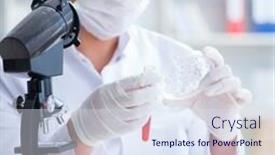  Presentation with animal testing scientist doing experiment - Colorful presentation design enhanced with female scientist researcher conducting an experiment in a labora backdrop and a sky blue colored foreground