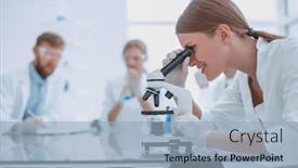  Presentation with laboratory chemical - PPT theme featuring female scientist using a microscope in a chemical laboratory background and a light blue colored foreground