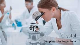  Presentation with laboratory chemical - Cool new PPT layouts with female scientist using a microscope in a chemical laboratory backdrop and a light blue colored foreground