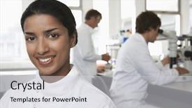  Presentation with scientist - Cool new PPT layouts with female scientist with colleagues work backdrop and a light gray colored foreground