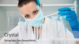  Presentation with scientist - Slide deck having female scientist working in laboratory background and a light gray colored foreground