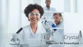  Presentation with lab - PPT layouts enhanced with female-scientist-working background and a light blue colored foreground