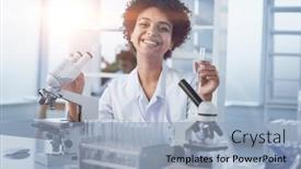  Presentation with lab - Slide set having female-scientist-working background and a light blue colored foreground
