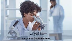  Presentation with lab - Presentation theme featuring female-scientist-working background and a light blue colored foreground