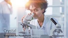  Presentation with lab - Theme consisting of female-scientist-working background and a light blue colored foreground