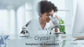  Presentation with lab - Theme featuring female-scientist-working background and a light blue colored foreground