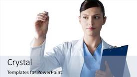  Presentation with scientist - Colorful presentation theme enhanced with female scientist writing on board against white background backdrop and a light blue colored foreground