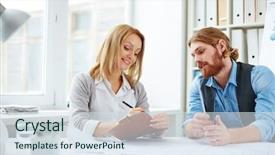  Presentation with new business ideas - Presentation having female secretary writing down ideas for new business project background and a sky blue colored foreground