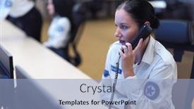  Presentation with female security - Amazing PPT theme having female-security-guard-operator-talking backdrop and a light blue colored foreground