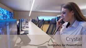  Presentation with female security - Presentation theme featuring female-security-guard-operator-talking background and a mint green colored foreground