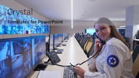  Presentation with female security - Presentation design enhanced with female-security-guard-operator-talking background and a light gray colored foreground