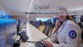  Presentation with female security - Amazing presentation theme having female-security-guard-operator-talking backdrop and a light gray colored foreground